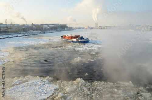 Icebreaker on the frozen river.
