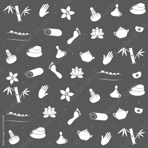 Thai massage background in grey. Spa icons set.  Stock vector. Flat design.