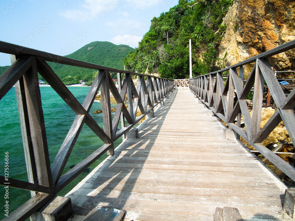 Wooden Bridge seacape in koh lan ,Thailand , vintage tone