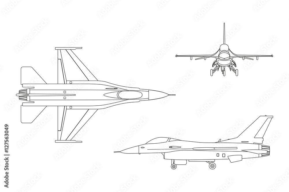 Outline drawing of military aircraft. Top, side, front view