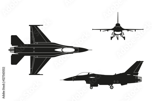 Black silhouette of military aircraft on white background. Top,