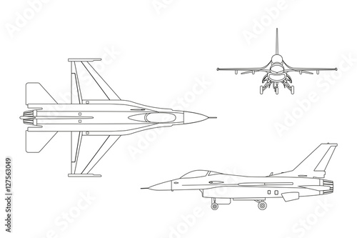 Outline drawing of military aircraft. Top, side, front view
