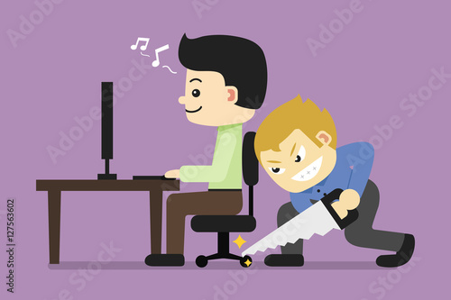 Business man sawing his friend's chair leg.