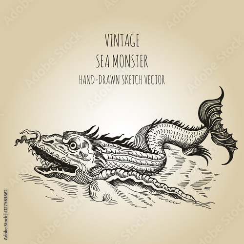 Mythological vintage sea monster. Fragment of old pirate map. Hand drawn vector sketch.