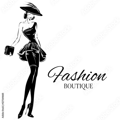 Black and white fashion woman model with boutique logo background. Hand drawn vector