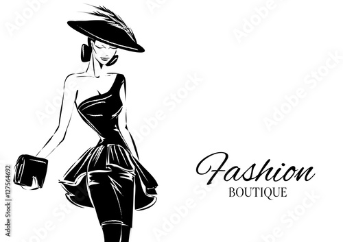 Black and white fashion woman model with boutique logo background. Hand drawn vector