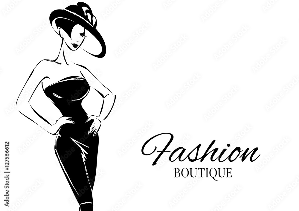 Black and white fashion woman model with boutique logo background. Hand ...