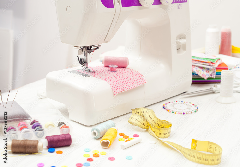 sewing, sewing on the sewing machine, sewing supplies, colored s