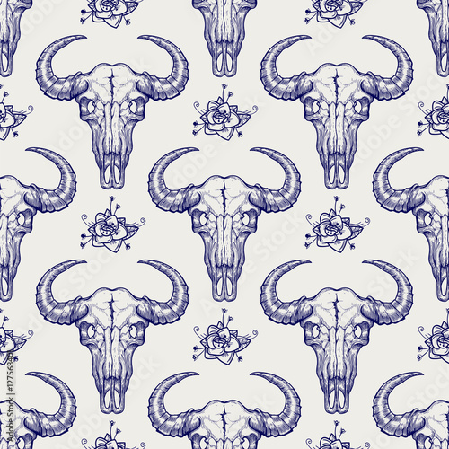 Ball pen buffalo skull seamless pattern. Animal skull and flowers background vector