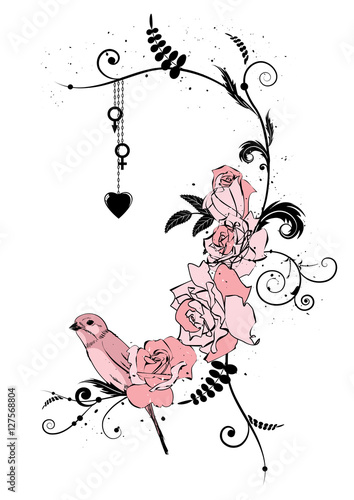 roses, bird and heart