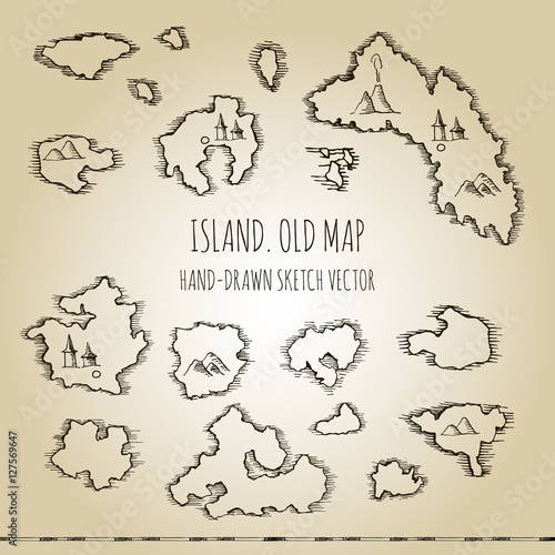 Islands. Fragment of old pirate map. Hand drawn vector sketch.