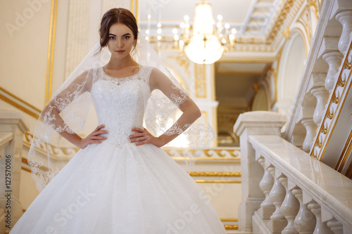 beautiful young woman bride in luxury wedding dress in interior