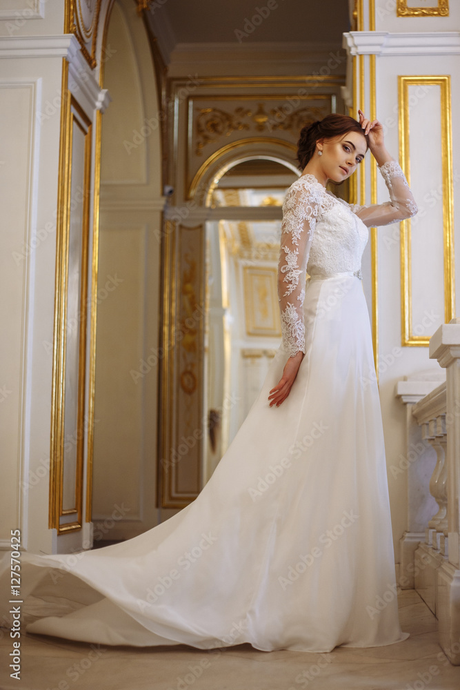 beautiful young woman bride in luxury wedding dress in interior beautiful young woman bride in luxury wedding dress in interior