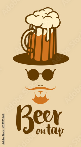 face of a man with a mustache wearing glasses with a glass of beer on his head