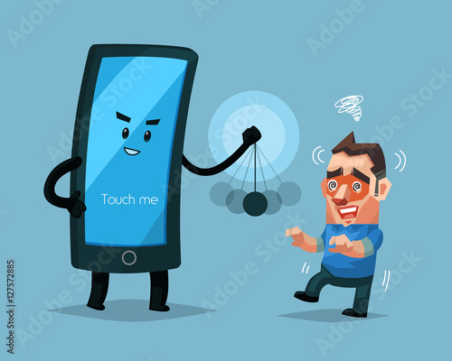 Cellphone character hypnotizes a man, Sign and symbol vector illustration.