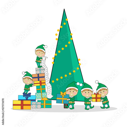 Christmas Elves packing presents near tree