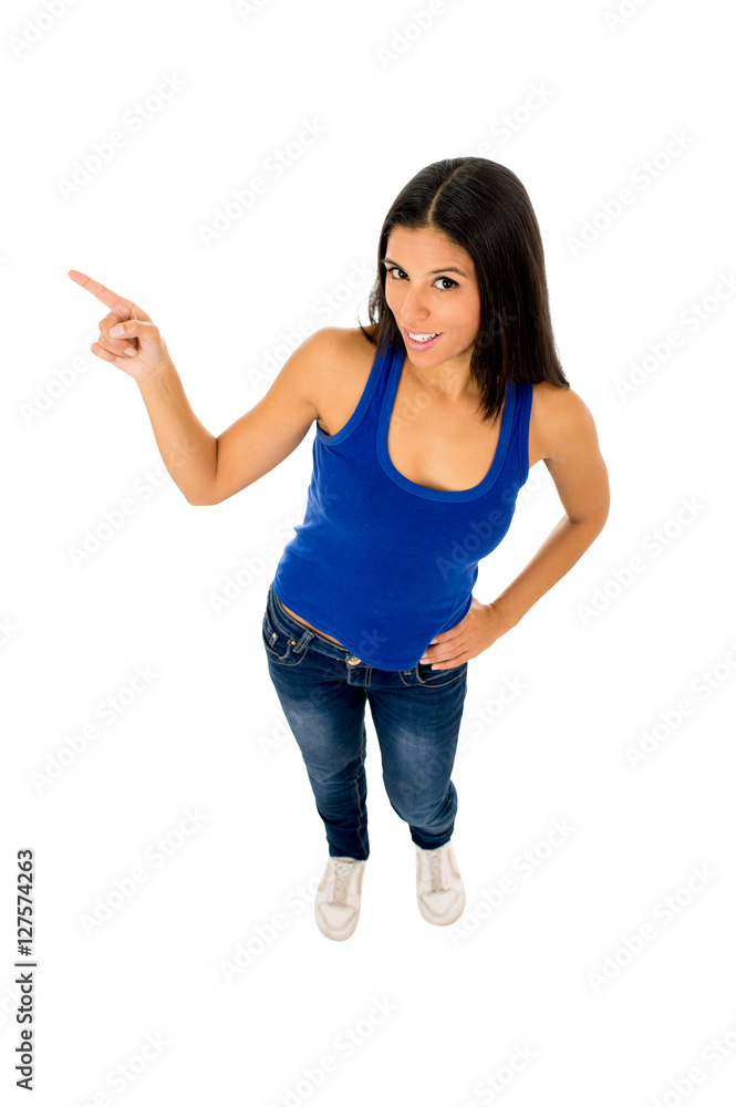 beautiful hispanic woman pointing to copy space presenting product beautiful hispanic woman pointing to copy space presenting product
