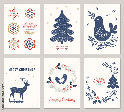 Merry Christmas and Happy Holidays card templates with New Year tree, deer, snowflakes, dove, bird and wreath. Vector illustration.