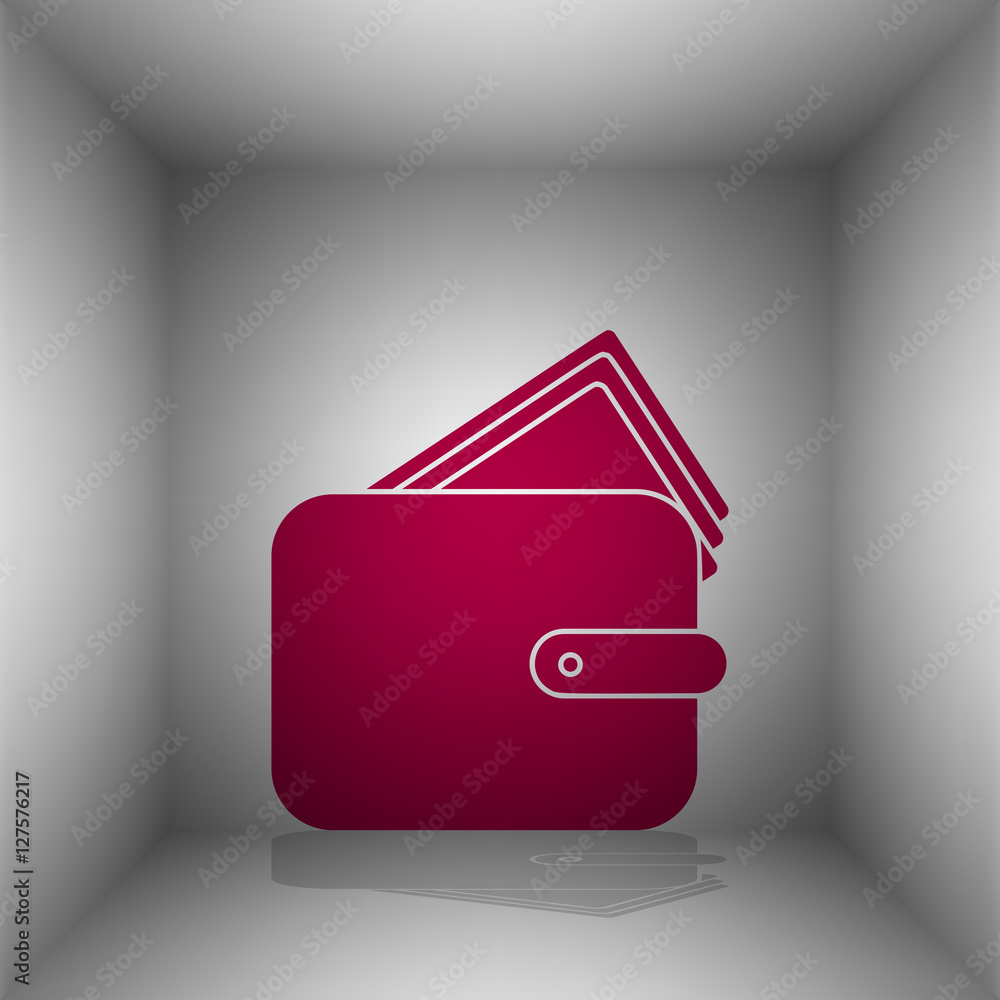 Wallet sign illustration. Bordo icon with shadow in the room. Wallet sign illustration. Bordo icon with shadow in the room.