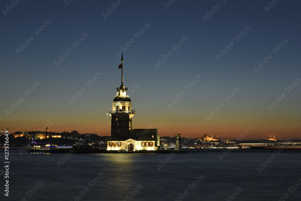 Maiden's Tower on Istanbul bosphorus with long exposure and sunset