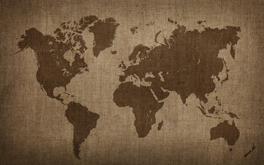 Keuken achterwand Wereldkaart Brown world map on old vintage flax linen canvas  © breakingthewalls