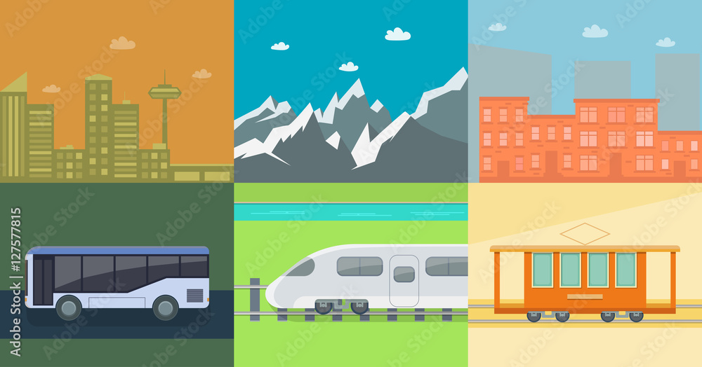 Set of flat public transport on the background of mountains and town houses. Posters for the sale of tickets for the tram, train and bus. Vector illustration