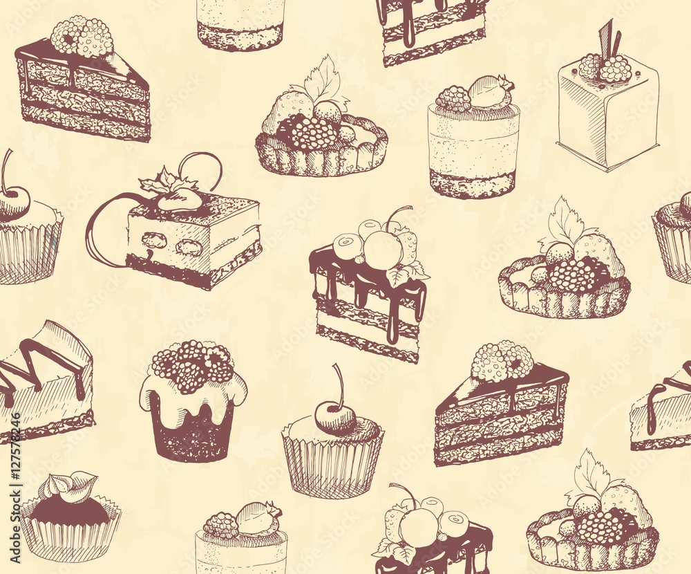 Dirty seamless background with sketches of cakes and pastries
