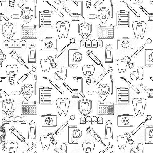 Seamless vector pattern in a dental linear style. Background for web site dental clinic. Orthodontics, implants.