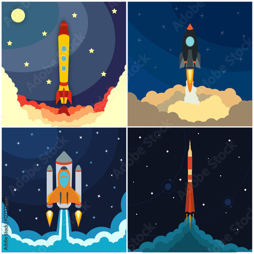 Set of space rocket launch. Vector illustration with flying rocket. Space travel. Project development. Creative idea.
