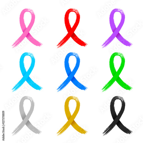 Set of awareness ribbons in 9 different colors. Paint brush style. Illustration isolated on white background.
