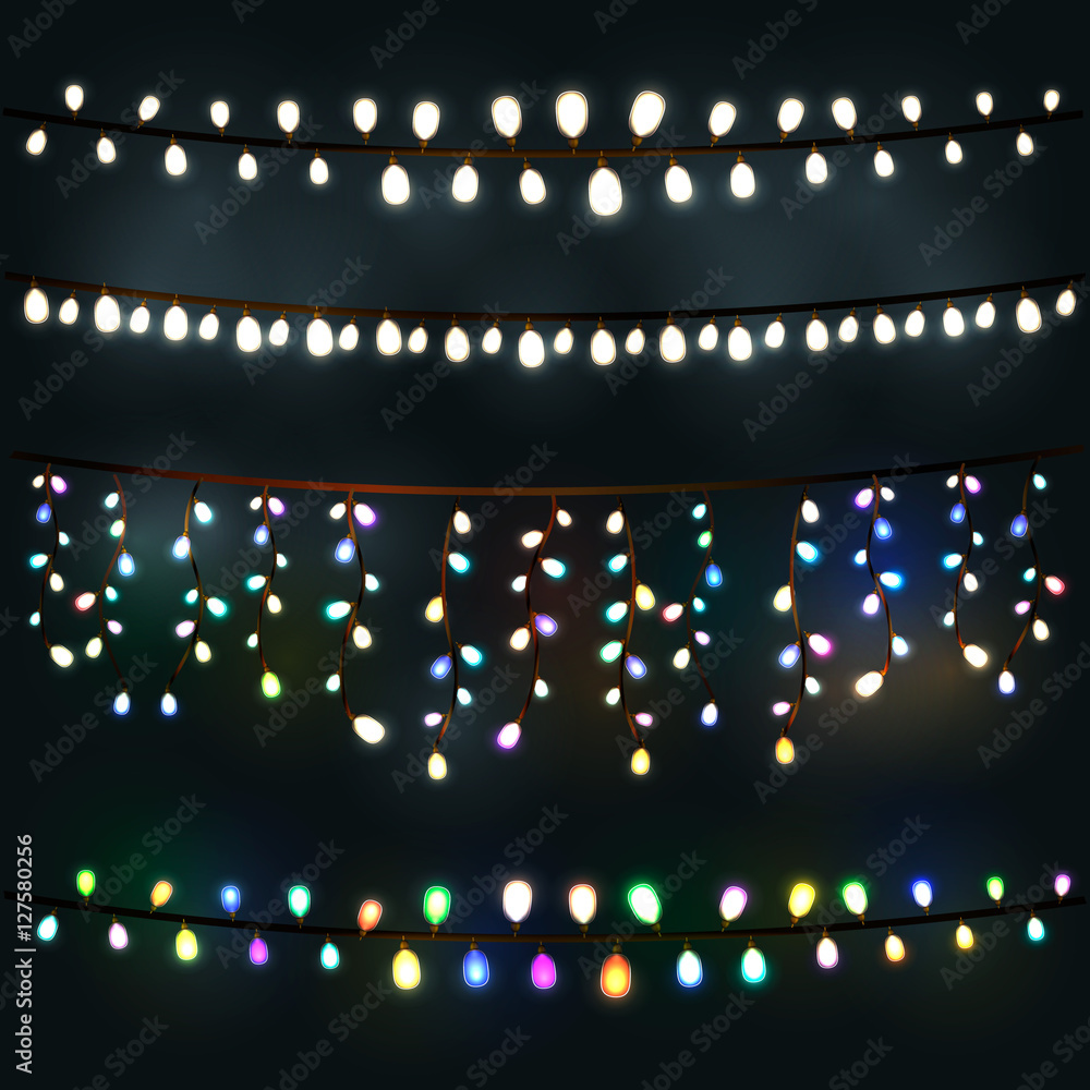 Festive lights garland on a dark background. All light effects isolated and grouped.