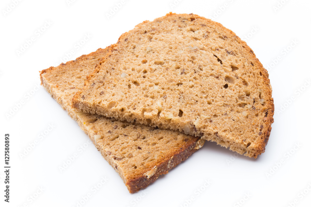 Slices of rye bread isolated on white background.