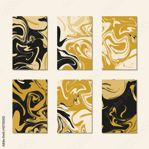 Pattern cards template vector. Gold black luxury marble texture. Abstract liquid paint marbling print.