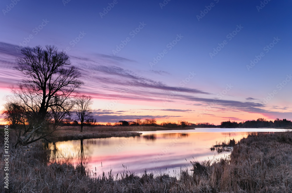 Dawn with pink clouds over a wild pond surrounded by trees in autumn morning Dawn with pink clouds over a wild pond surrounded by trees in autumn morning