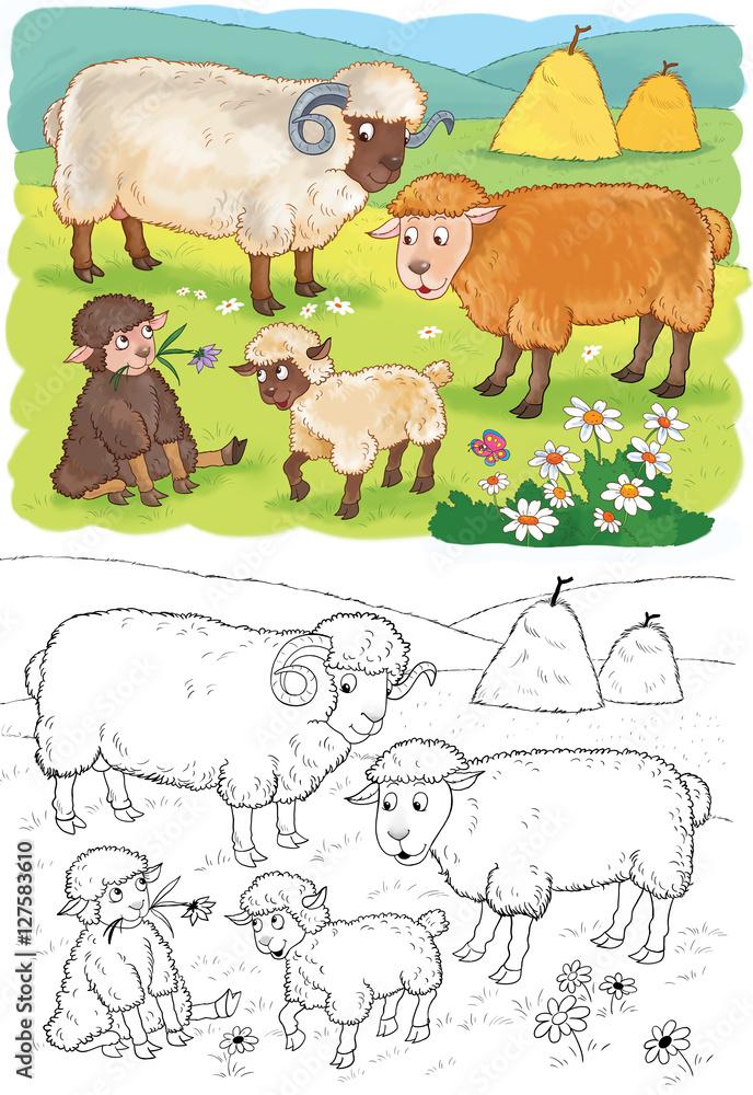 Cute farm animals. Family of cute sheep.Coloring book. Coloring page. Funny cartoon characters Cute farm animals. Family of cute sheep.Coloring book. Coloring page. Funny cartoon characters