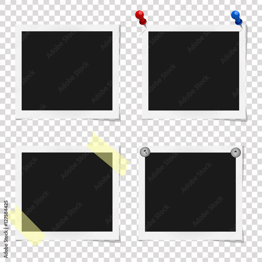 Set of realistic vector photo frames on sticky tape, pins and rivets. Template photo design, Vector illustration