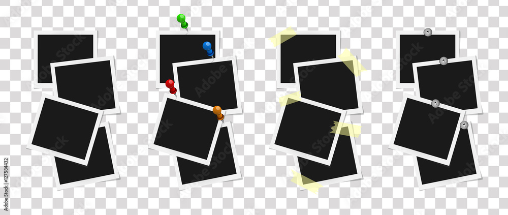 Set of realistic vector photo frames on sticky tape, pins and rivets. Template photo design, Vector illustration Set of realistic vector photo frames on sticky tape, pins and rivets. Template photo design, Vector illustration