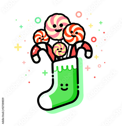 Candy canes in christmas stocking Xmas decorations, sugar stick, lollypops. Flat line style. Vector merry greeting card. New year festive design.