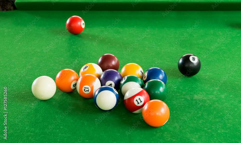 Billiard balls composition on green pool table Billiard balls composition on green pool table