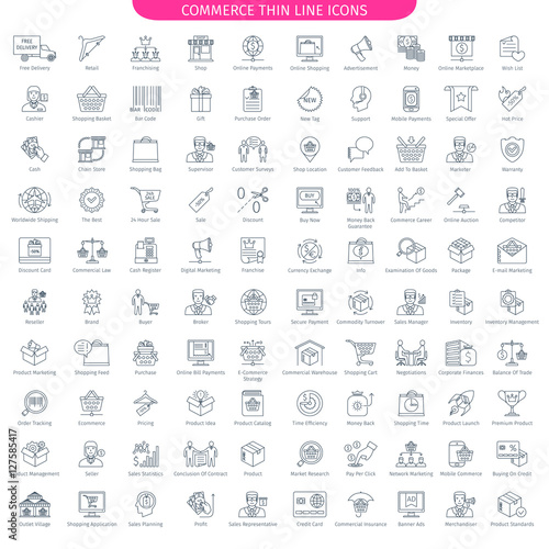 One Hundred Thin Line Icons Set Of Commerce And Shopping. 100 Linear style icons. Web Elements Collection