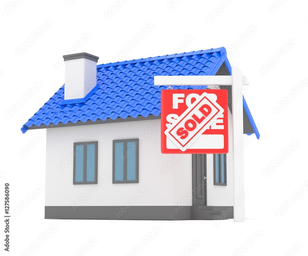 Isolated model of house with sign for sale sold. Concept of real estate, new apartment and moving to a new house. 3D rendering. Isolated model of house with sign for sale sold. Concept of real estate, new apartment and moving to a new house. 3D rendering.