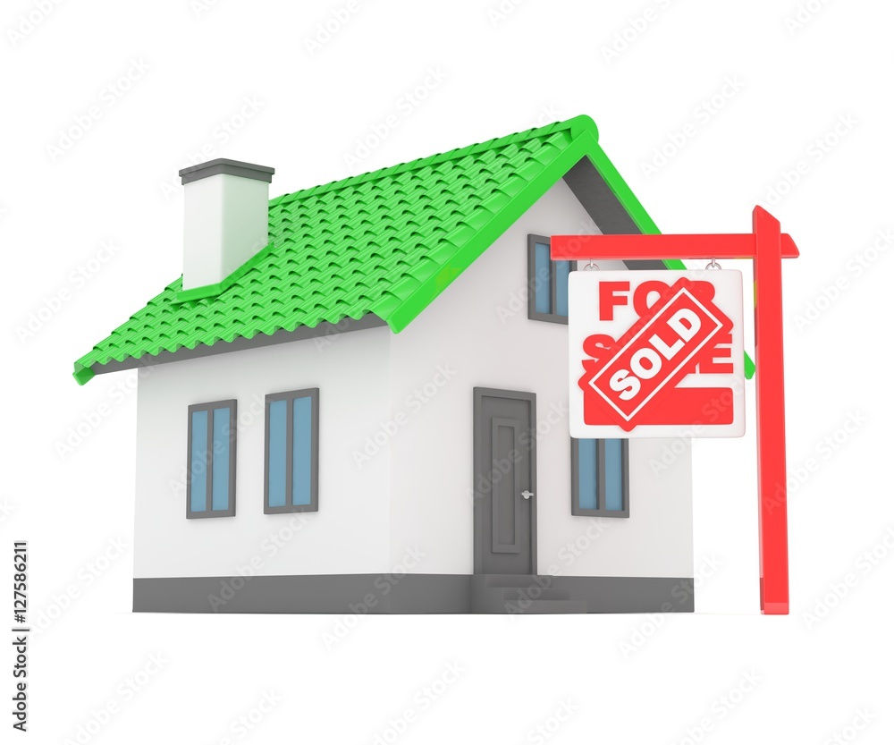 Isolated model of house with sign for sale sold. Concept of real estate, new apartment and moving to a new house. 3D rendering. Isolated model of house with sign for sale sold. Concept of real estate, new apartment and moving to a new house. 3D rendering.