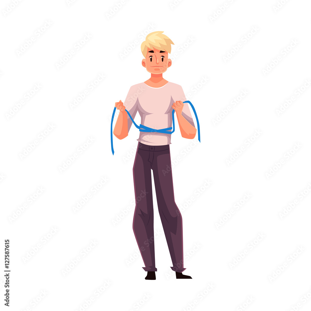 Fit, athletic man in good shape measuring himself with a tape, cartoon vector illustration isolated on white background. Young, slim man measuring his waist, healthy lifestyle concept