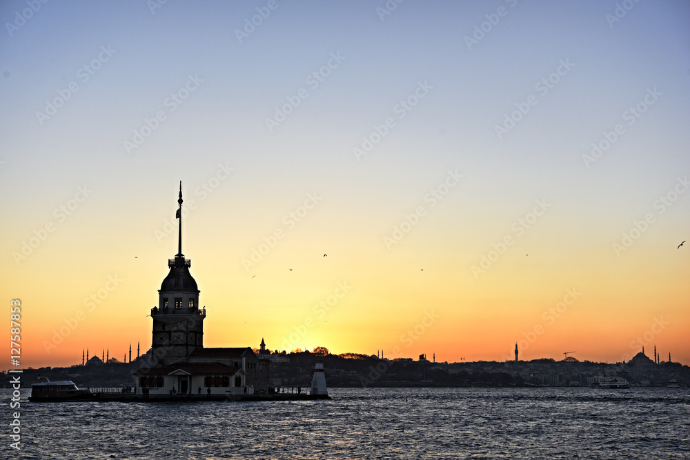 Maiden's Tower with sunset on Istanbul bosphorus with long exposure shot