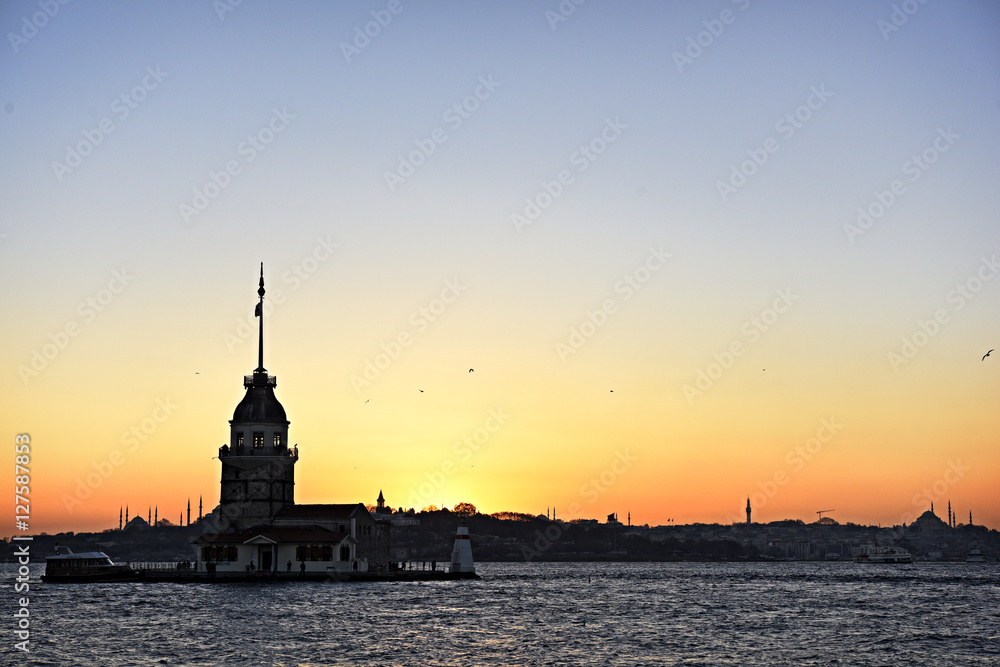 Maiden's Tower with sunset on Istanbul bosphorus with long exposure shot Maiden's Tower with sunset on Istanbul bosphorus with long exposure shot