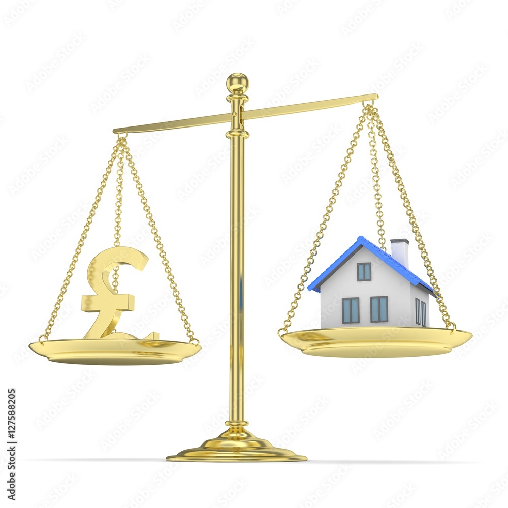 Isolated golden scales with golden pound and house on white background. Investment or savings concept. Real estate and currency. 3D rendering. Isolated golden scales with golden pound and house on white background. Investment or savings concept. Real estate and currency. 3D rendering.