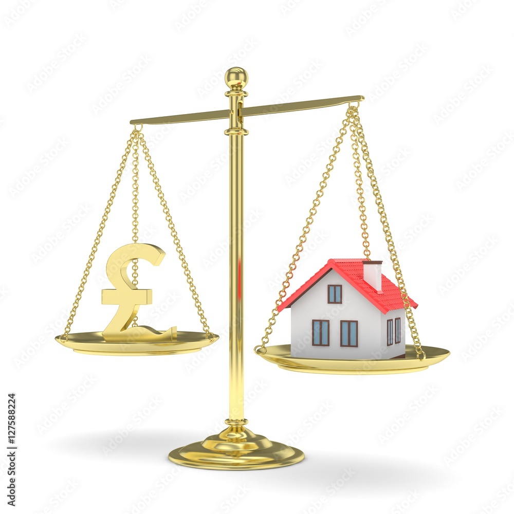 Isolated golden scales with golden pound and house on white background. Investment or savings concept. Real estate and currency. 3D rendering. Isolated golden scales with golden pound and house on white background. Investment or savings concept. Real estate and currency. 3D rendering.
