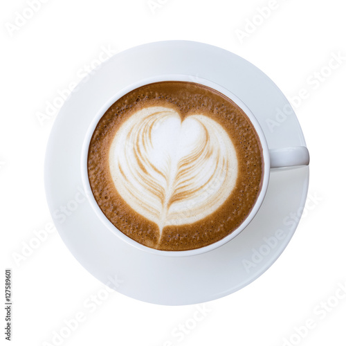 Top view of hot coffee latte cappucino cup with heart shaped foa