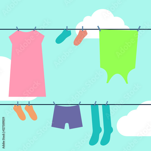 Laundry drying Vector illustration Laundry drying on the clothesline against blue sky with clouds