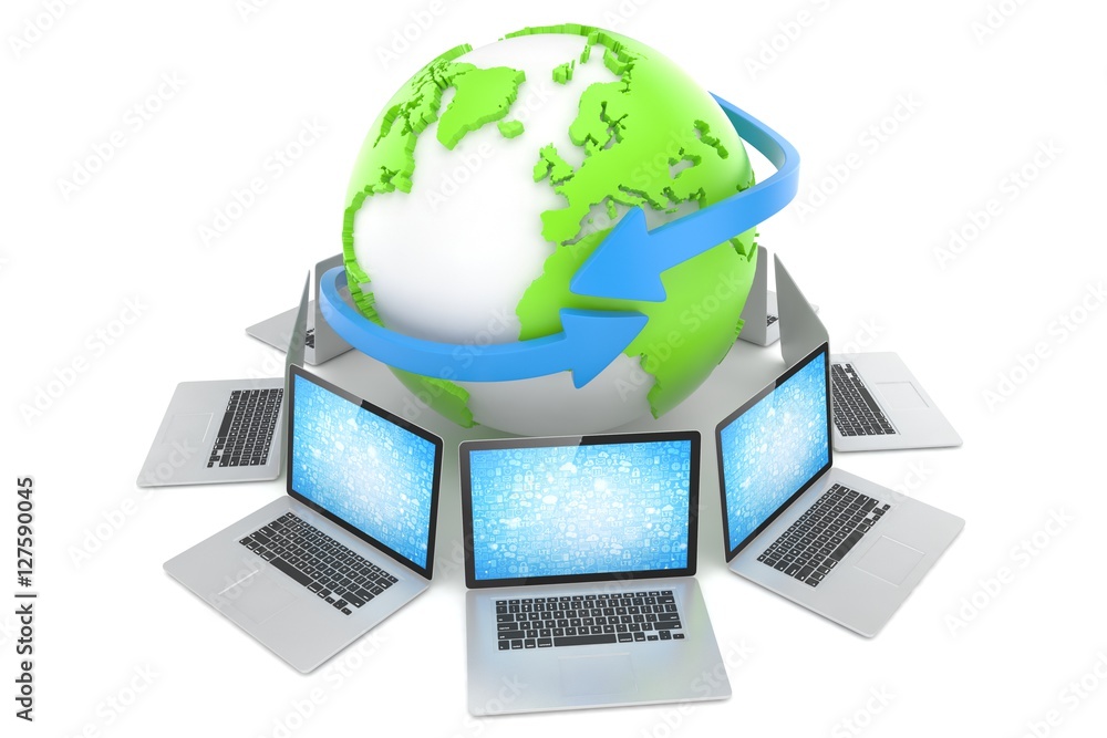 Laptop network around earth globe. 3d render Laptop network around earth globe. 3d render